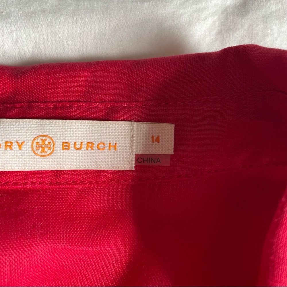 Tory Burch Red 100% Linen Button Down Size 14 - image 5